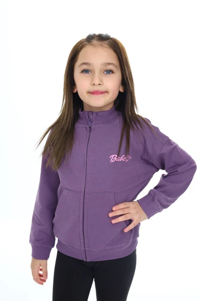 Toontoy Kız Çocuk Dik Yaka Fermuarlı Düşük Omuz Cepli Nakış Baskılı Örme Hırka - 2 İplik Şardonlu - 3