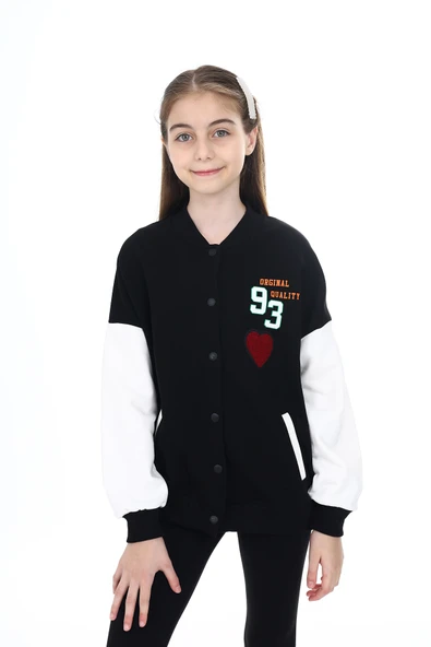 Toontoy Kız Çocuk Kolej Yaka Çıtçıt Kapama Cepli Düşük Omuz Baskılı Renk Bloklu Örme Hırka - 2 İplik Şardonlu - 4