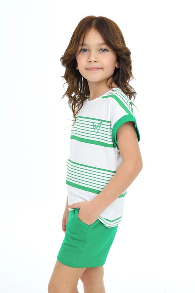 Toontoy Kız Çocuk Çizgili Kalp Nakışlı Şortlu Takım - Resim 7