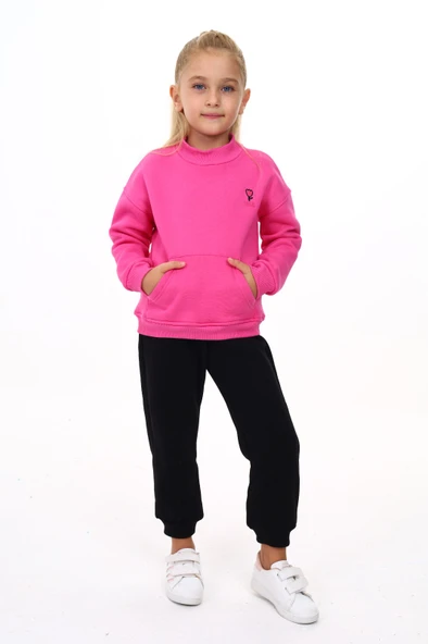 Toontoy Kız Çocuk Yarım Balıkçı Yaka Göğsü Nakışlı Eşofman Takım - 5