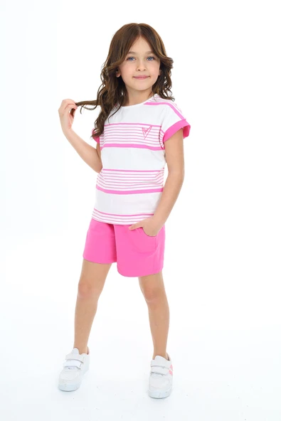 Toontoy Kız Çocuk Çizgili Kalp Nakışlı Şortlu Takım - Resim 10