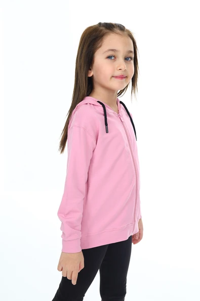 Toontoy Kız Çocuk Kapüşonlu Fermuarlı Cepli Düşük Omuz Nakış Baskılı Örme Hırka - 2 İplik - 12