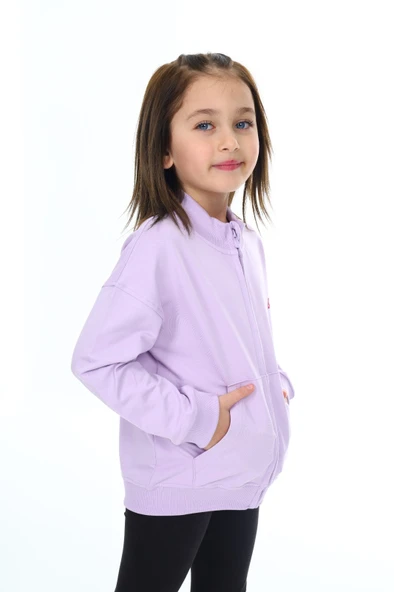 Toontoy Kız Çocuk Dik Yaka Fermuarlı Düşük Omuz Cepli Nakış Baskılı Örme Hırka - 2 İplik Şardonlu - 7