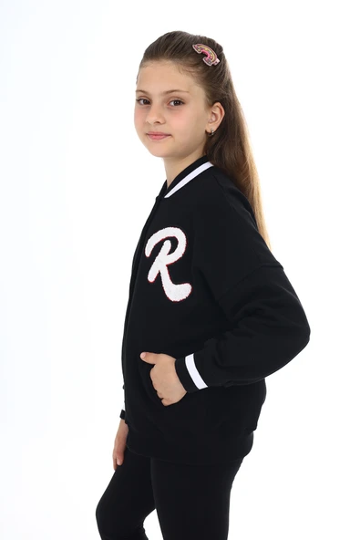 Toontoy Kız Çocuk Kolej Yaka Çıtçıt Kapama Cepli Düşük Omuz Nakış Baskılı Örme Hırka - 2 İplik Şardonlu - 11