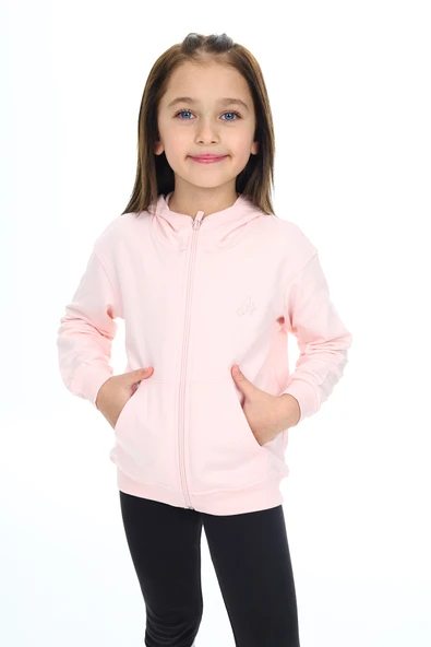 Toontoy Kız Çocuk Kapüşonlu Fermuarlı Cepli Düşük Omuz Nakış Baskılı Örme Hırka - 2 İplik - Resim 4