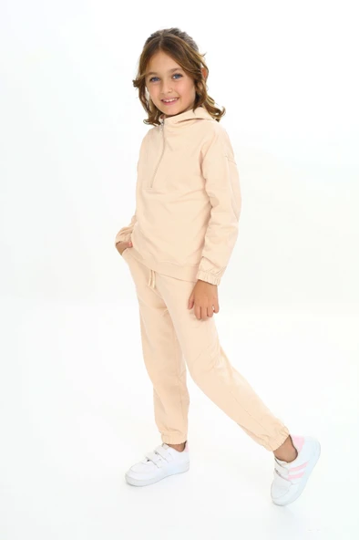 Kız Çocuk 2'li Takım Kapüşonlu Fermuarlı Sweatshirt & Beli Paçası Lastikli Jogger Eşofman Altı - 2 İplik - Resim 2