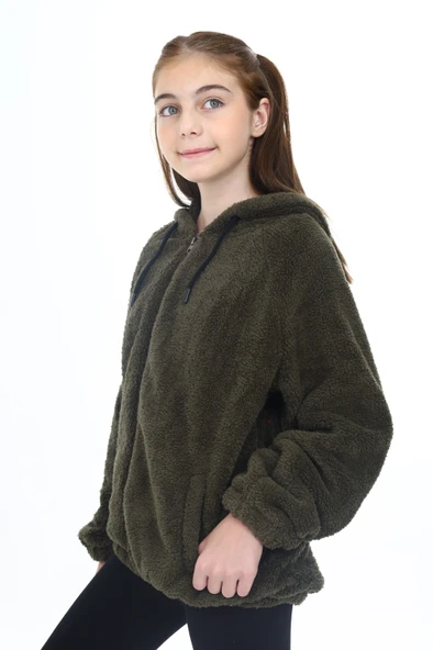 Toontoy Kız Çocuk Kapüşonlu Fermuarlı Cepli Reglan Kol Peluş Hırka - 4