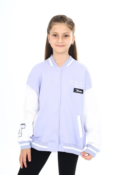 Toontoy Kız Çocuk Kolej Yaka Çıtçıt Kapama Cepli Düşük Omuz Nakış Baskılı Renk Bloklu Örme Hırka - 2 İplik Şardonlu - 2