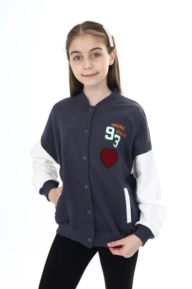 Toontoy Kız Çocuk Kolej Yaka Çıtçıt Kapama Cepli Düşük Omuz Baskılı Renk Bloklu Örme Hırka - 2 İplik Şardonlu - 3