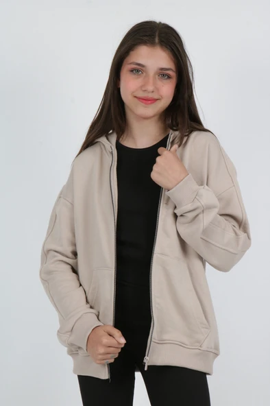 Toontoy Kız Çocuk Kapüşonlu Fermuarlı Cepli Düşük Omuz Nakış Baskılı Örme Hırka - 3 İplik Şardonsuz - 4