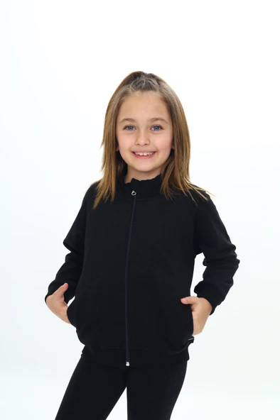 Toontoy Kız Çocuk Dik Yaka Fermuarlı Cepli Reglan Kol Örme Hırka - 2 İplik - 12