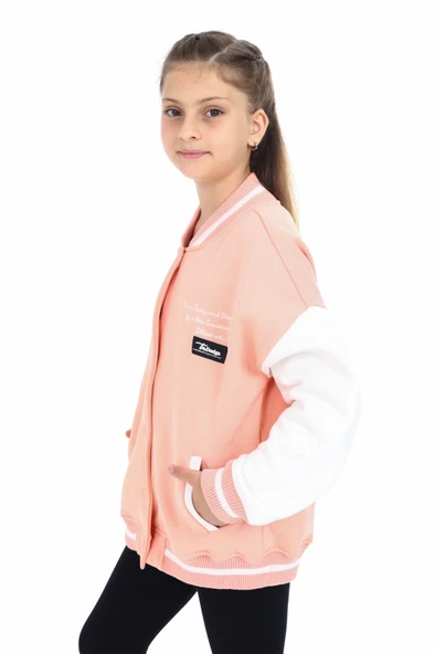 Toontoy Kız Çocuk Kolej Yaka Çıtçıt Kapama Cepli Düşük Omuz Nakış Baskılı Renk Bloklu Örme Hırka - 2 İplik Şardonlu - 7