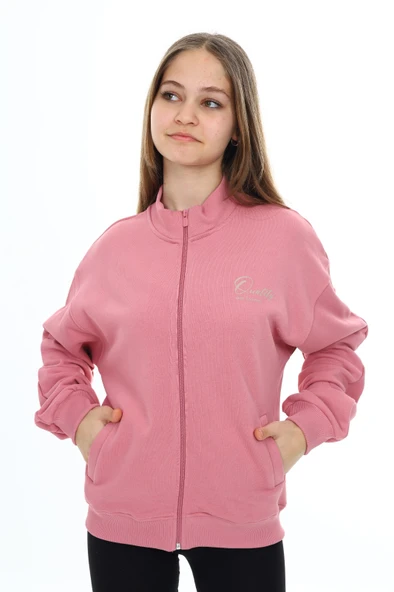 Toontoy Kız Çocuk Dik Yaka Fermuarlı Cepli Düşük Omuz Nakış Baskılı Örme Hırka -3 İplik Şardunsuz - 7