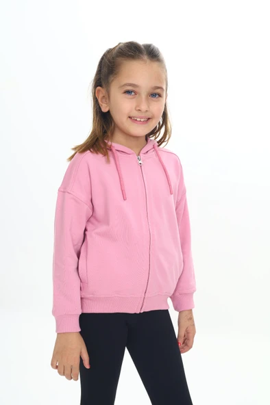 Toontoy Kız Çocuk Kapüşonlu Fermuarlı Cepli Düşük Omuz Örme Hırka - 2 İplik - 3