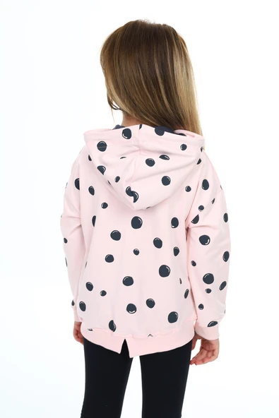 Toontoy Kız Çocuk Kapüşonlu Fermuarlı Baloncuk Baskılı Düşük Omuz Yırtmaç Detaylı Örme Hırka - 2 İplik - 10