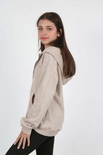 Toontoy Kız Çocuk Kapüşonlu Fermuarlı Cepli Düşük Omuz Nakış Baskılı Örme Hırka - 3 İplik Şardonsuz - 5
