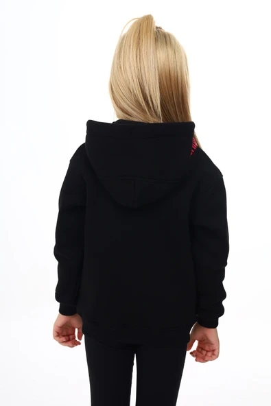 Toontoy Kız Çocuk Kapüşonlu Fermuarlı Cepli Nakış Baskılı Örme Hırka - 2 İplik Şardonlu - 8