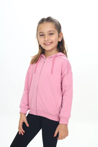 Toontoy Kız Çocuk Kapüşonlu Fermuarlı Cepli Düşük Omuz Örme Hırka - 2 İplik - 2