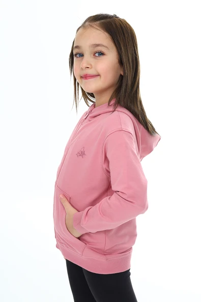 Toontoy Kız Çocuk Kapüşonlu Fermuarlı Cepli Düşük Omuz Nakış Baskılı Örme Hırka - 2 İplik - Resim 11