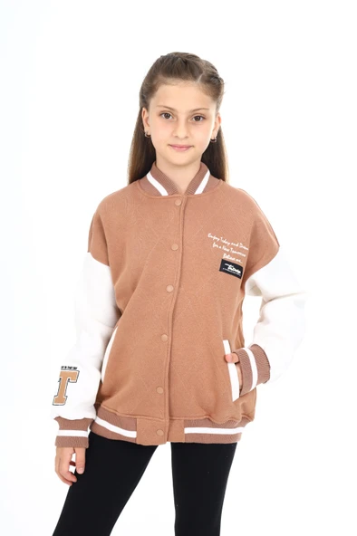 Toontoy Kız Çocuk Kolej Yaka Çıtçıt Kapama Cepli Düşük Omuz Nakış Baskılı Renk Bloklu Örme Hırka - 2 İplik Şardonlu - 4