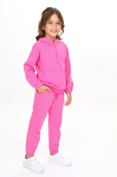 Kız Çocuk 2'li Takım Kapüşonlu Fermuarlı Sweatshirt & Beli Paçası Lastikli Jogger Eşofman Altı - 2 İplik - Resim 12