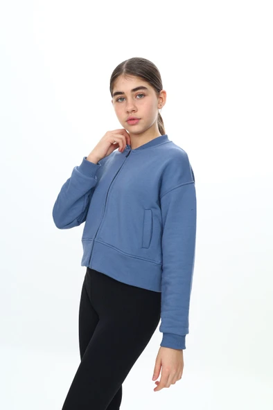 Toontoy Kız Çocuk Kolej Yaka Fermuarlı Cepli Düşük Omuz Baskılı Örme Hırka - 3 İplik Şardunsuz - 2