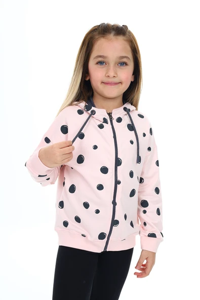 Toontoy Kız Çocuk Kapüşonlu Fermuarlı Baloncuk Baskılı Düşük Omuz Yırtmaç Detaylı Örme Hırka - 2 İplik - 7