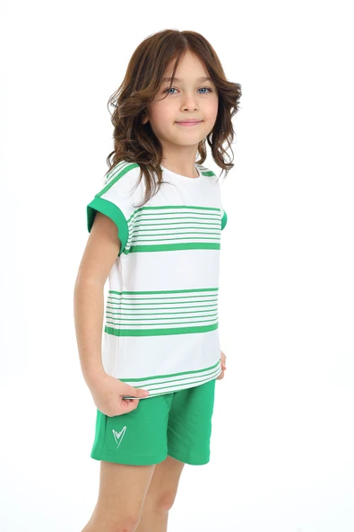 Toontoy Kız Çocuk Çizgili Kalp Nakışlı Şortlu Takım - Resim 8