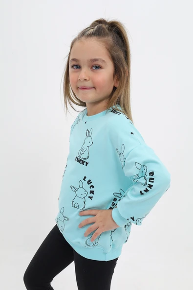 Kız Çocuk Relax Fit Bisiklet Yaka Düşük Omuz Baskılı Sweatshirt - 2 İplik - Resim 5