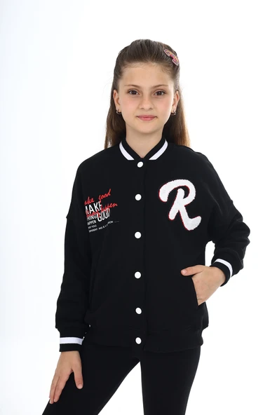 Toontoy Kız Çocuk Kolej Yaka Çıtçıt Kapama Cepli Düşük Omuz Nakış Baskılı Örme Hırka - 2 İplik Şardonlu - 10