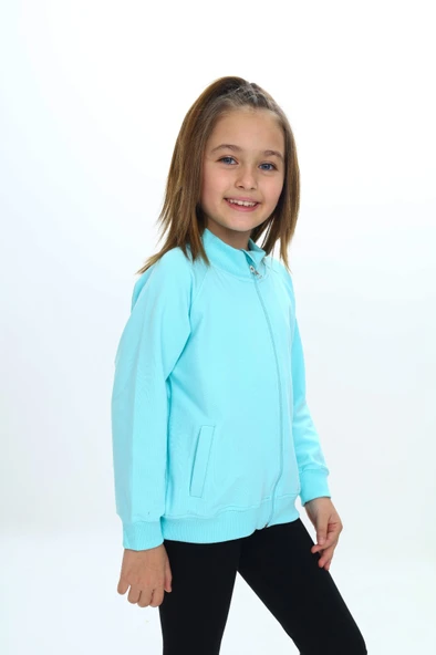 Toontoy Kız Çocuk Dik Yaka Fermuarlı Cepli Reglan Kol Örme Hırka - 2 İplik - 3