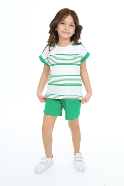 Toontoy Kız Çocuk Çizgili Kalp Nakışlı Şortlu Takım - Resim 5