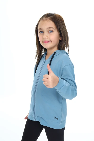 Toontoy Kız Çocuk Kapüşonlu Fermuarlı Cepli Düşük Omuz Nakış Baskılı Örme Hırka - 2 İplik - 6