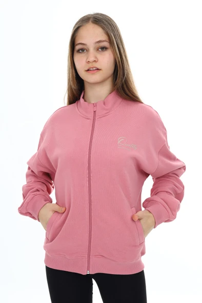 Toontoy Kız Çocuk Dik Yaka Fermuarlı Cepli Düşük Omuz Nakış Baskılı Örme Hırka -3 İplik Şardunsuz - 8