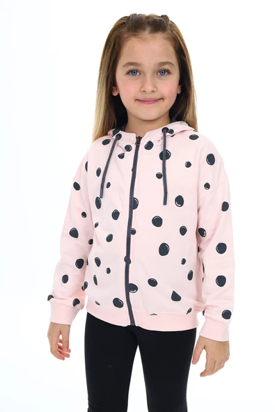 Toontoy Kız Çocuk Kapüşonlu Fermuarlı Baloncuk Baskılı Düşük Omuz Yırtmaç Detaylı Örme Hırka - 2 İplik