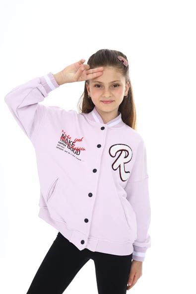 Toontoy Kız Çocuk Kolej Yaka Çıtçıt Kapama Cepli Düşük Omuz Nakış Baskılı Örme Hırka - 2 İplik Şardonlu - 8