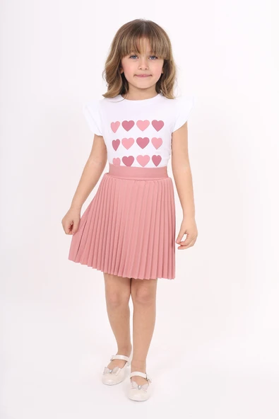 Toontoy Kız Çocuk Kol Fırfır Kalp Baskılı Etekli Takım - Resim 5