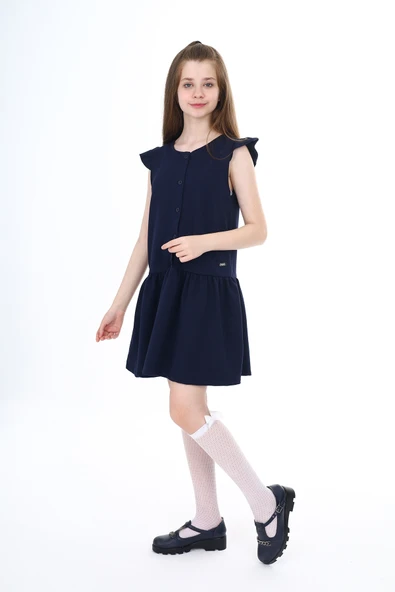 Toontoy Kız Çocuk Düğmeli Metal Arma Detaylı Okul Elbise - 7