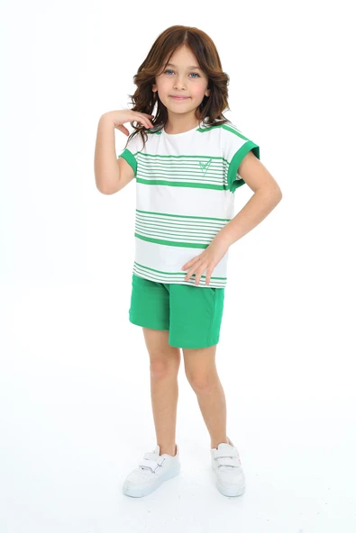 Toontoy Kız Çocuk Çizgili Kalp Nakışlı Şortlu Takım - Resim 6