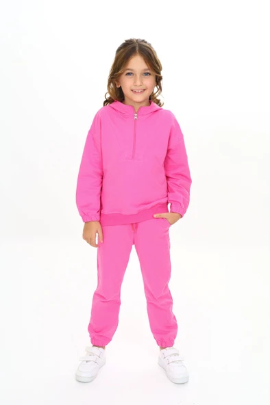 Kız Çocuk 2'li Takım Kapüşonlu Fermuarlı Sweatshirt & Beli Paçası Lastikli Jogger Eşofman Altı - 2 İplik - Resim 10