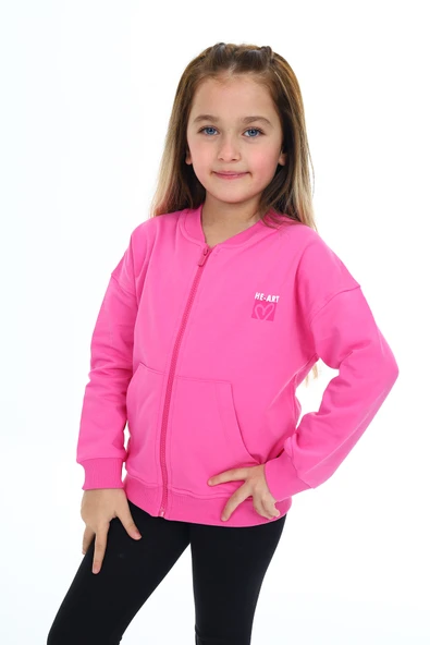 Toontoy Kız Çocuk Kolej Yaka Fermuarlı Düşük Omuz Baskılı Örme Hırka - 2 İplik - 2