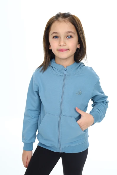 Toontoy Kız Çocuk Kapüşonlu Fermuarlı Cepli Düşük Omuz Nakış Baskılı Örme Hırka - 2 İplik - Resim 2