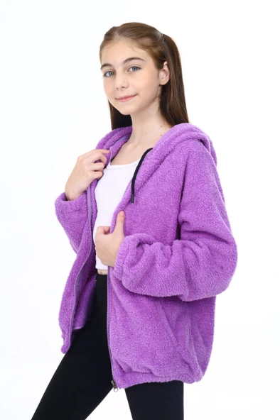 Toontoy Kız Çocuk Kapüşonlu Fermuarlı Cepli Reglan Kol Peluş Hırka - 6