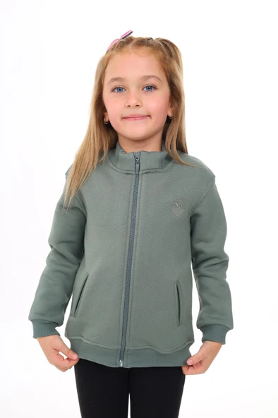 Toontoy Kız Çocuk Dik Yaka Fermuarlı Yarım Düşük Omuz Örme Hırka - 2 İplik Şardonlu - 2