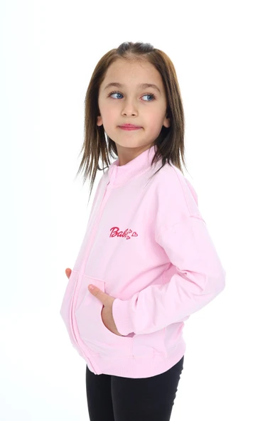 Toontoy Kız Çocuk Dik Yaka Fermuarlı Düşük Omuz Cepli Nakış Baskılı Örme Hırka - 2 İplik Şardonlu - 10