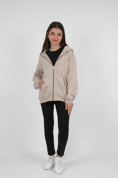 Toontoy Kız Çocuk Kapüşonlu Fermuarlı Cepli Düşük Omuz Nakış Baskılı Örme Hırka - 3 İplik Şardonsuz - 2