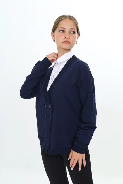 Toontoy Kız Çocuk V Yaka Düğmeli Düşük Omuz Örme Okul Hırkası - 2 İplik - 2