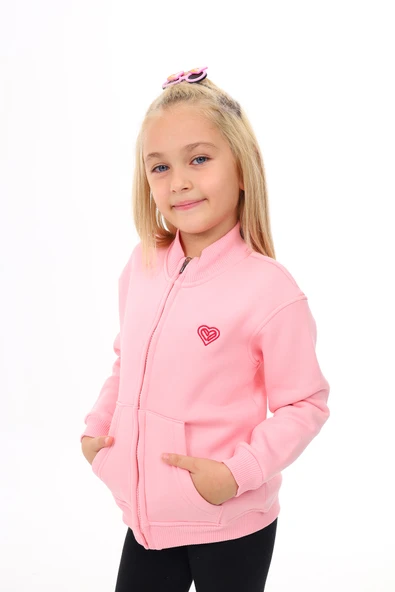 Toontoy Kız Çocuk Dik Yaka Fermuarlı Cepli Nakış Baskılı Örme Hırka - 2 İplik Şardonlu - Resim 9