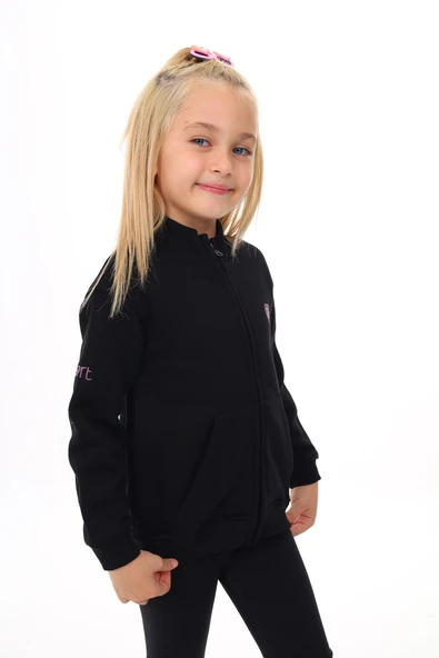 Toontoy Kız Çocuk Dik Yaka Fermuarlı Cepli Nakış Baskılı Örme Hırka - 2 İplik Şardonlu - Resim 5