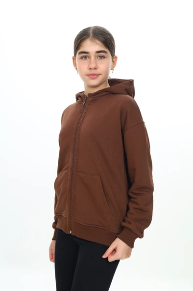 Toontoy Kız Çocuk Kapüşonlu Şerit Fermuar Detaylı Cepli Düşük Omuz Örme Hırka - 3 İplik Şardonsuz - 7